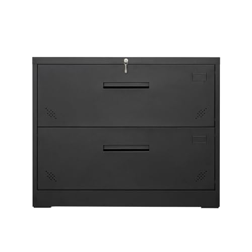 CuisinSmart Steel 2 Drawer Lateral File Cabinet with Lock, Rolling Metal File Cabinets - Black