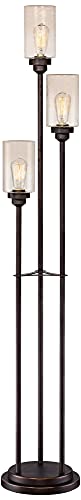 Franklin Iron Works Libby Modern Industrial Tree Floor Lamp 66" Tall Oiled Bronze Metal 3-Light Amber Seedy Glass