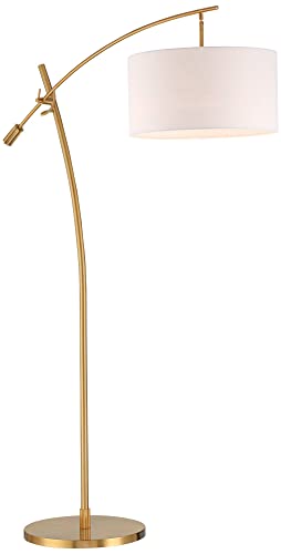 Possini Euro Design Raymond Modern Arc Floor Lamp 69" - Warm Gold Metal, Adjustable Boom Arm, White Linen Drum Shade - Living Room, Bedroom, Home Office Decor