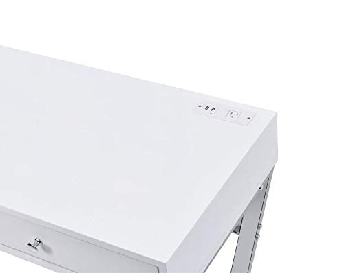 Knocbel Console Table Industrial Computer Desk with Storage Drawers, Built-in USB Port and Socket, Home Office Workstation Writing Table with X-Shaped Metal Base 42"L x 19"W x 31"H(White and Chrome)