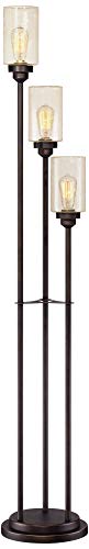 Franklin Iron Works Libby Modern Industrial Tree Floor Lamp 66" Tall Oiled Bronze Metal 3-Light Amber Seedy Glass