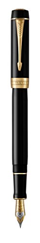 PARKER Duofold Centennial Fountain Pen, Classic Black with Gold Trim, Fine Solid Gold Nib, Black Ink and Convertor (1931381)