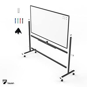TOWON Rolling Whiteboard, 360° Rotatable Large Dry Erase Board with Stand, Double Sided Magnetic White Board on Wheels, Mobile Easel boards with Quick Flip Feature and Board Stopper, 72'' x 40'' Black