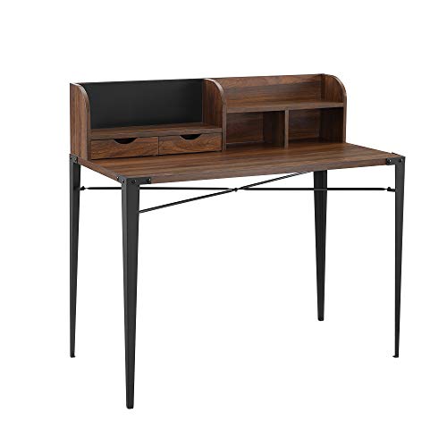 Walker Edison Industrial Metal and Wood Laptop Computer Writing Desk Home Office Workstation Small with Magnetic Board, 42 Inch, Walnut Brown