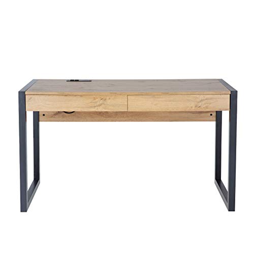 M MAJOR-Q 99400-3179JET Tone 52" W Computer Desk with Two Drawers, Power Outlet, USB Ports-Sturdy Wooden Study, Home Office Writing Laptop Table Beige Oak and Black Finish