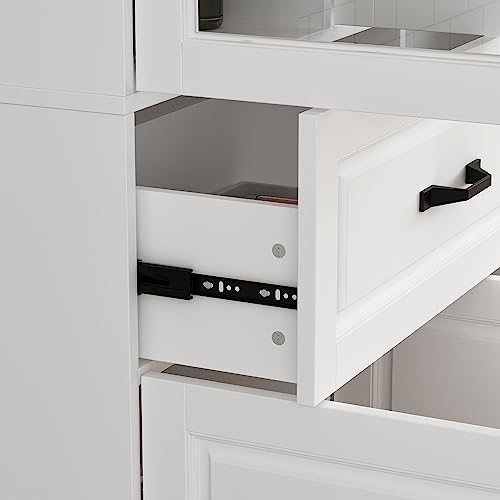 Hitow White Tall Bookshelf with Glass Doors & Drawers, 2-Piece Large Storage Cabinet Set