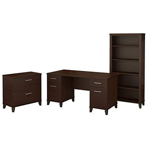 Bush Furniture Somerset 60W Office Desk with Lateral File Cabinet and 5 Shelf Bookcase in Mocha Cherry
