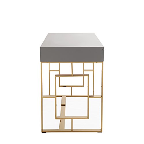 TOV Furniture The Audrey Collection Modern Computer Office Writing Desk with Lacquered Wooden Top, Gold Base & 3 Storage Drawers, Gray