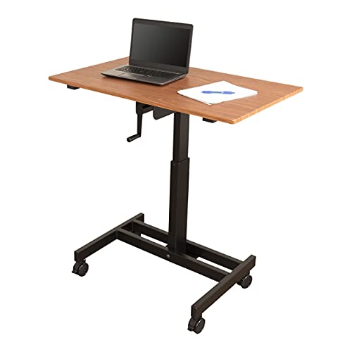 Stand Up Desk Store Crank Adjustable Height Single Column Rolling Mobile Standing Desk (Black Frame/Teak Top, 40" Wide)