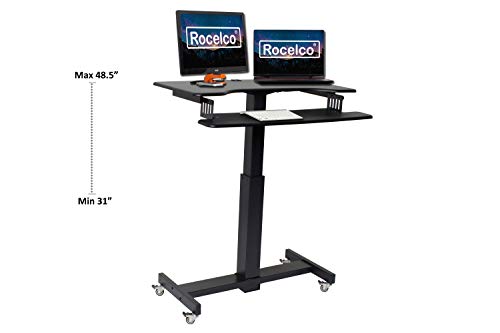 Rocelco 40" Height Adjustable Mobile Standing Desk, Sit Stand Home Office School Computer Workstation Riser with Anti Fatigue Mat, Dual Monitor Keyboard Tray Gas Spring, Black (R MSD-40-MAFM)