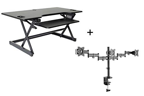 Rocelco 46" Large Height Adjustable Standing Desk Converter with Triple Monitor Mount Bundle | Quick Sit Stand Up Computer Workstation Riser | Retractable Keyboard Tray | Black (R DADRB-46-DM3)