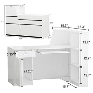 ECACAD Reception Desk with Lockable Drawer, Shelves, Keyboard Tray, Cabinet, White - 55.1”W x 43.3”D x 43.3”H