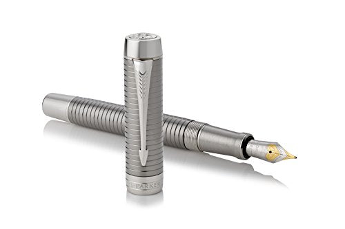 PARKER Duofold Centennial Fountain Pen, Prestige Ruthenium Chiselled, Fine Solid Gold Nib, Black Ink and Convertor (1931333)