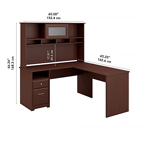 Bush Furniture Cabot 60W L Shaped Computer Desk with Hutch and Drawers in Harvest Cherry