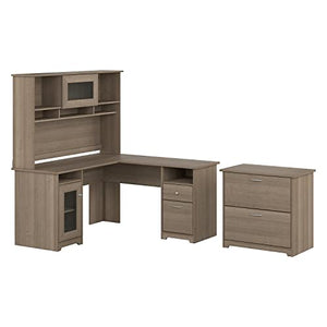 Bush Furniture 60-Inch L-Shaped Desk with Hutch, Lateral File Cabinet, Ash Gray - CAB005AG