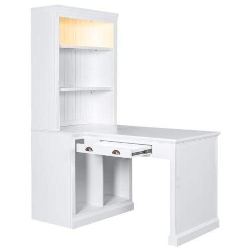 Merax 83.4" Tall Storage Bookshelf & Writing Desk Suite with LED Lighting, Drawers, Open Shelves - 2-Piece Set, White