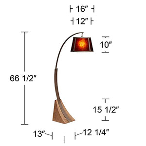 Franklin Iron Works Rustic Farmhouse Mission Arc Floor Lamp 66 1/2" Tall Dark Rust Natural Wood Amber Mica Drum Shade