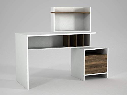MAKENZA Vertigo Office Desk Modern Living Room Furniture with Adjustable Shelves & One Hidden Cabinet, Writing Workstation Table Compatible for Home, Office Study (White-Walnut)