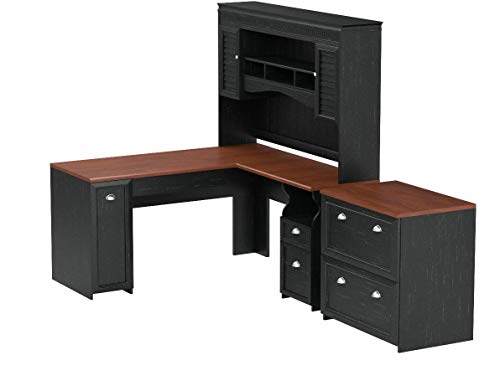 Bush Furniture Fairview L Shaped Desk with Hutch and Lateral File Cabinet in Antique Black