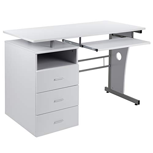 Flash Furniture White Desk with Three Drawer Pedestal and Pull-Out Keyboard Tray