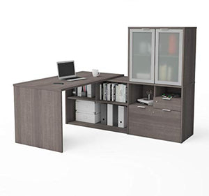 Bestar L-Shaped Desk with Frosted Glass Doors Hutch - i3 Plus