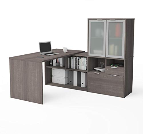Bestar L-Shaped Desk with Frosted Glass Doors Hutch - i3 Plus