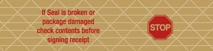 Tamper Evident Security Carton Packing Tape. Main Text:-"Stop. If Seal is Broken or Package Damaged Check Contents Before Signing Receipt". Tape Size: 3 inch x 125 Yards x 6.3 mil. 8 Rolls.