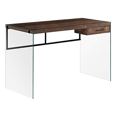 Monarch Specialties Computer Desk - Contemporary Writing Desk with Drawer - Tempered Glass Legs - 48"L (Brown Reclaimed Wood Look)