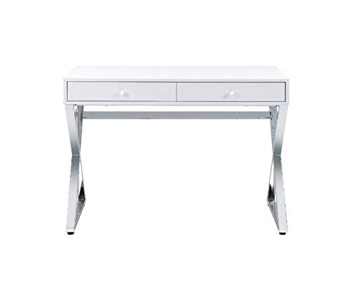 Knocbel Console Table Industrial Computer Desk with Storage Drawers, Built-in USB Port and Socket, Home Office Workstation Writing Table with X-Shaped Metal Base 42"L x 19"W x 31"H(White and Chrome)