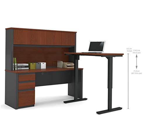 Bestar Prestige + L-Desk with Hutch Including Electric Height Adjustable Table, Bordeaux/Graphite