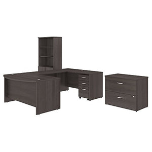 Studio C 60W x 36D U Shaped Desk with Bookcase and File Cabinets in Storm Gray