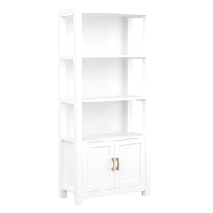 Martha Stewart Four Tier Shaker Bookcase with Storage Cabinet in White - Polished Brass Hardware