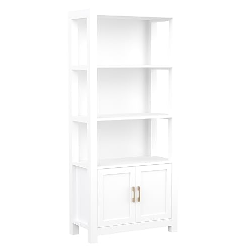 Martha Stewart Four Tier Shaker Bookcase with Storage Cabinet in White - Polished Brass Hardware
