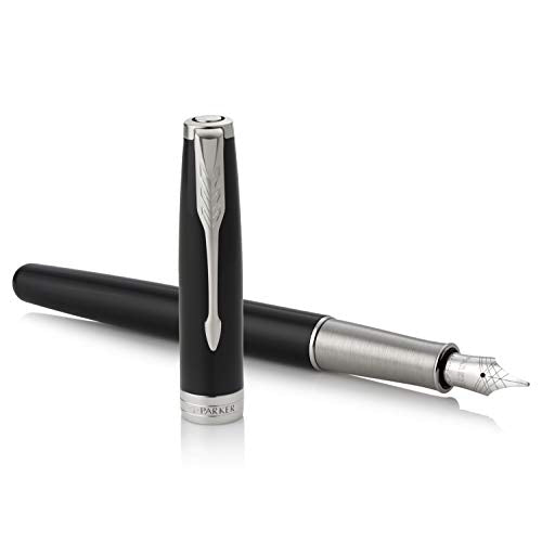 PARKER Sonnet Fountain Pen, Black Lacquer with Palladium Trim, Solid 18k Gold Fine Nib