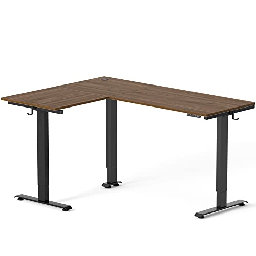 FEZIBO Triple Motor L-Shaped Electric Standing Desk, 63 Inches Height Adjustable, Black Frame/Black Walnut Top