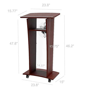 None Lectern Podium Stand 48" Tall with Frost Front Panel, Shelf, Wheels, Cross, Prayer Decor - Plexiglass - Debate Conference