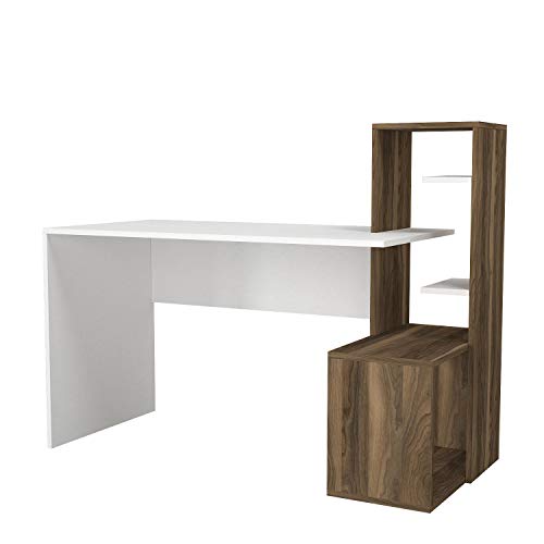 MAKENZA Serra Office Desk Modern Living Room Furniture with Adjustable Shelves & One Hidden Cabinet, Writing Workstation Table Compatible for Home, Office Study (White-Walnut)