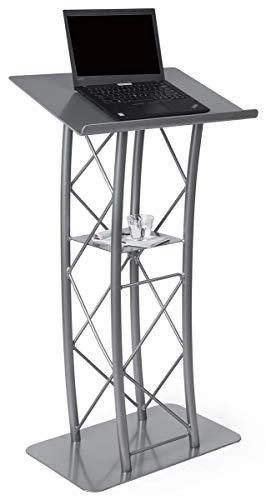 Displays2go Silver Aluminum & Steel Truss Curved Lectern with Built-in Shelf, 47" Tall