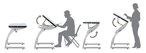 SD STUDIO DESIGNS Triflex Drawing Table, Sit to Stand Up Adjustable Office Home Computer Desk, 35.25" W X 23.5" D, Silver/Blue Glass
