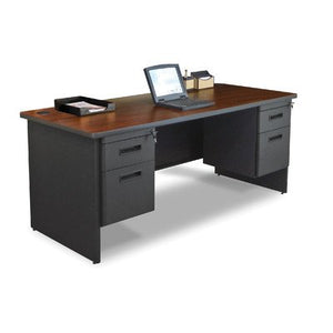 Pronto Executive Desk with Double Pedestal and Lock Finish: Dark Neutral / Mahogany