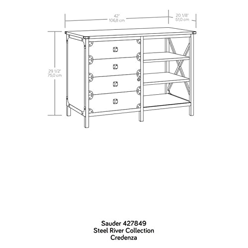 Sauder Steel River Industrial Credenza with Drawers, Carbon Oak Finish