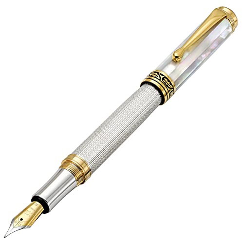 Xezo Maestro Solid 925 Sterling Silver and Oceanic Origin White Mother of Pearl Handcrafted and Serialized Medium Nib Fountain Pen. 18k Gold Plated. No Two Alike