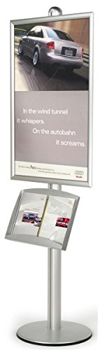 Displays2go 24 x 36 Inch 6 Foot Floor-Standing Sign Stand with Hinged Front-Loading Frame and Steel Brochure Tray, Round Base – Aluminum (BP2436LH)