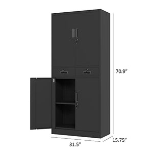 JINGUR Metal Storage Cabinet with Locking Doors, 2 Drawers & Adjustable Shelves (Black)