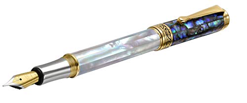 Xezo Maestro Handcrafted Oceanic Origin White Mother of Pearl and Paua Sea Shell Serialized Fine Fountain Pen. 18K Gold, Platinum Plated. No Two Alike