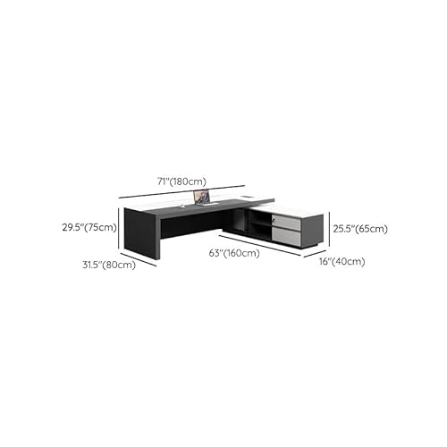 KWOKING Executive L-Shape Office Desk with Pedestal Base & Cable Management Grey - 71" L x 63" W