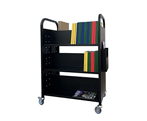 Workington Rolling Book Truck with 3 Flat Shelves, Double Sided - Black