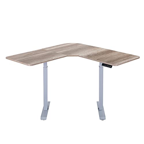 UNICOO - L Shaped Dual Motor Electric Height Adjustable Standing Desk, Computer Corner Desk, Home Gaming Desk, Office Writing Workstation (Grey Frame/Antique Oak Top) XOT-L-GA