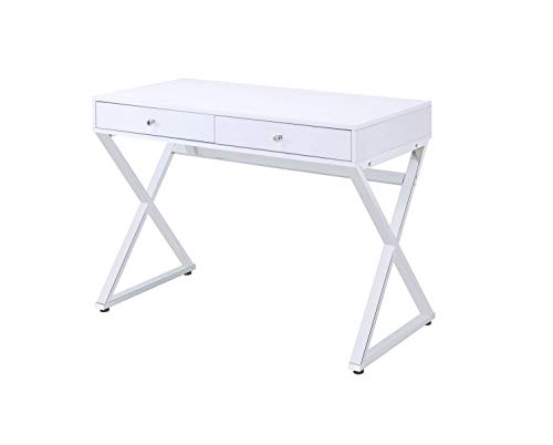 Knocbel Contemporary Computer Desk with 2 Storage Drawers, Home Office Workstation Writing Table with Metal X-Shaped Base, 42" L x 19" W x 31" H (White and Chrome)