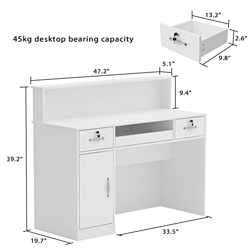AIEGLE Reception Desk with Counter, Lighted Display Shelf, Lockable Drawers - White (47.2" W x 19.7" D x 39.2" H)